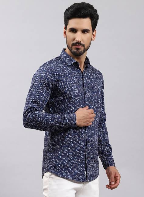Men Navy Blue Printed Pure Cotton Shirt